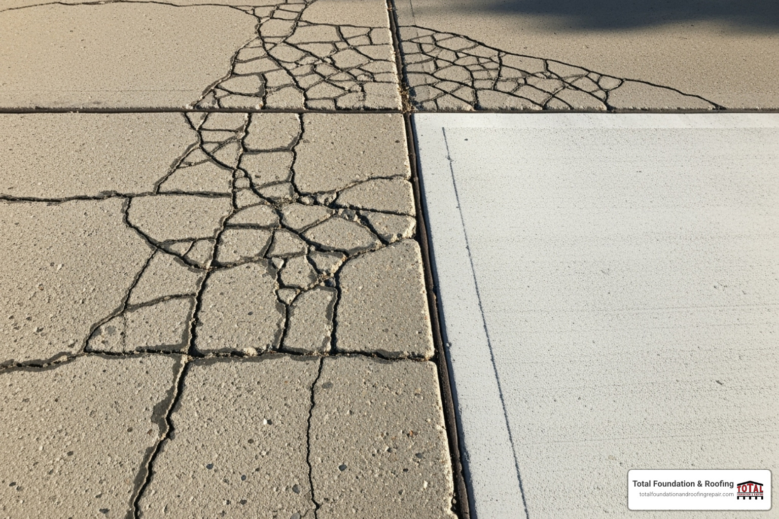 cracked concrete driveway next to a repaired section - driveway concreters near me