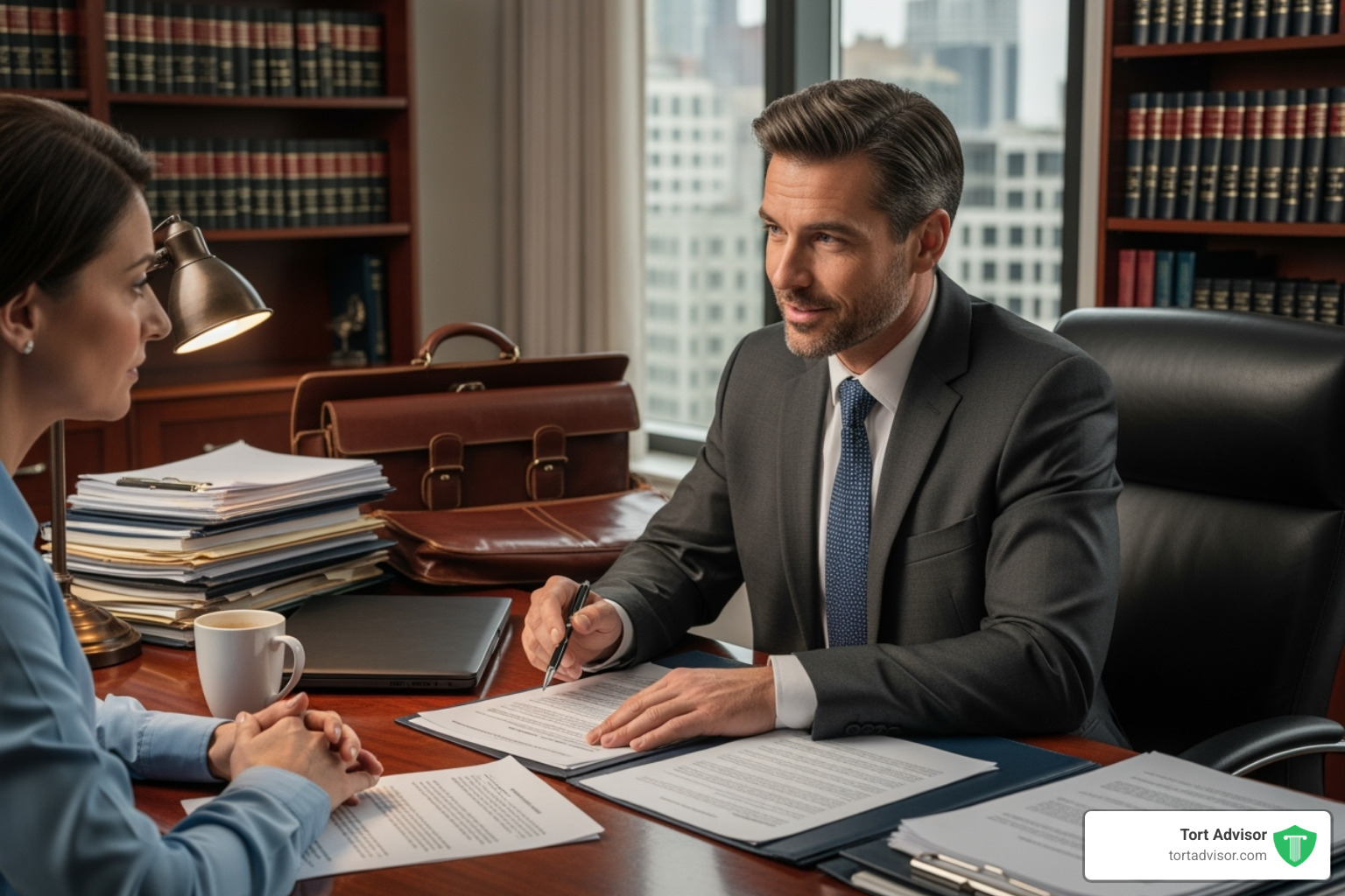 A lawyer consulting with a client, reviewing documents, symbolizing legal assistance - paraquat lawsuit attorney