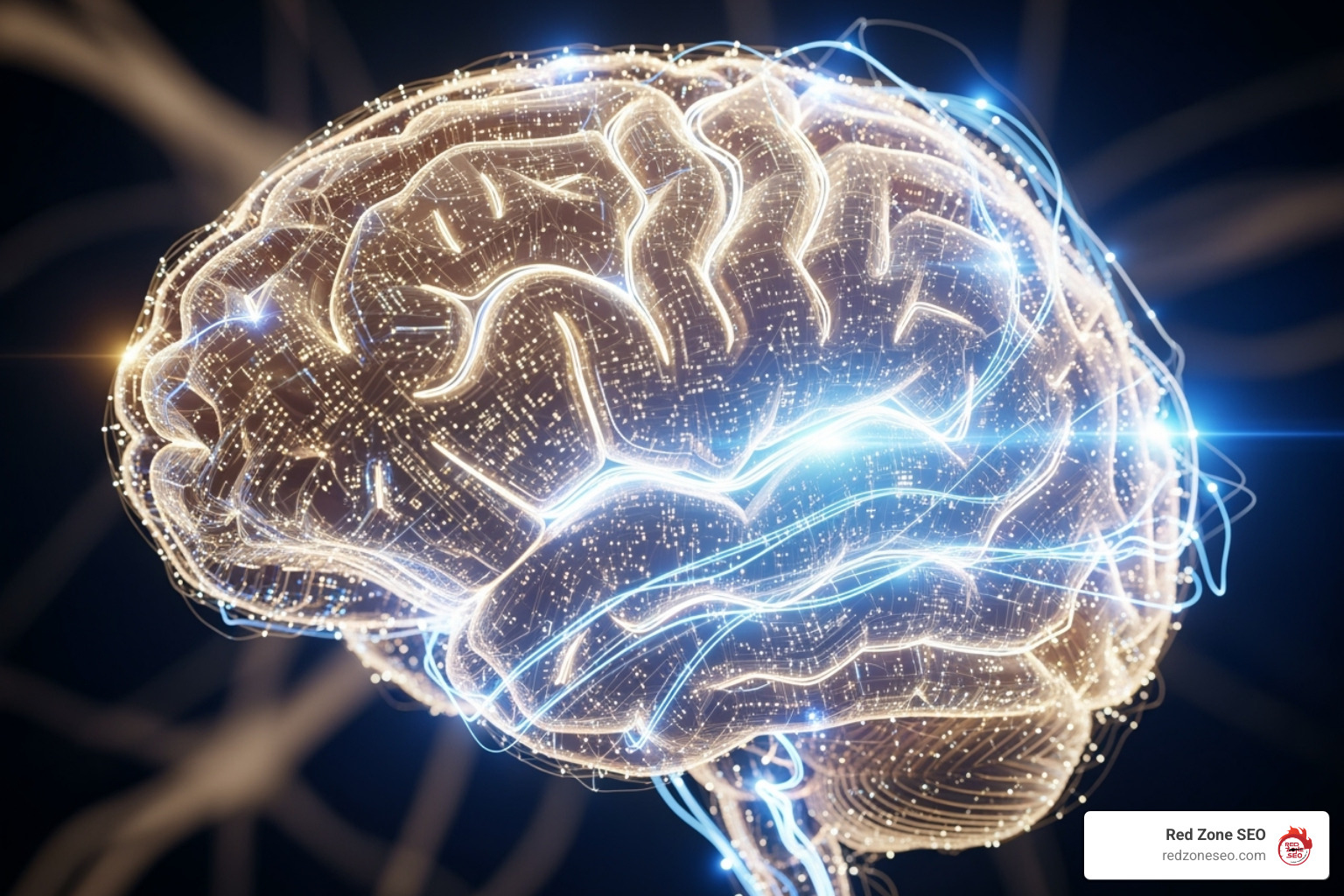 Brain with digital circuits, representing AI in search - what does an seo strategy look like