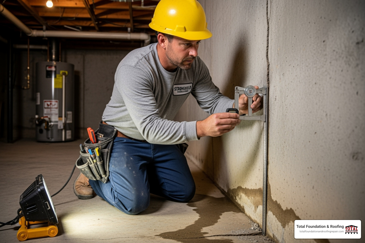 a foundation repair specialist inspecting a large crack with measuring tools - foundation crack repair cost