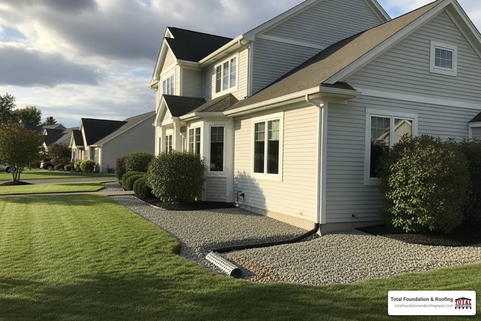 a properly installed French drain system around a home's foundation - foundation crack repair cost