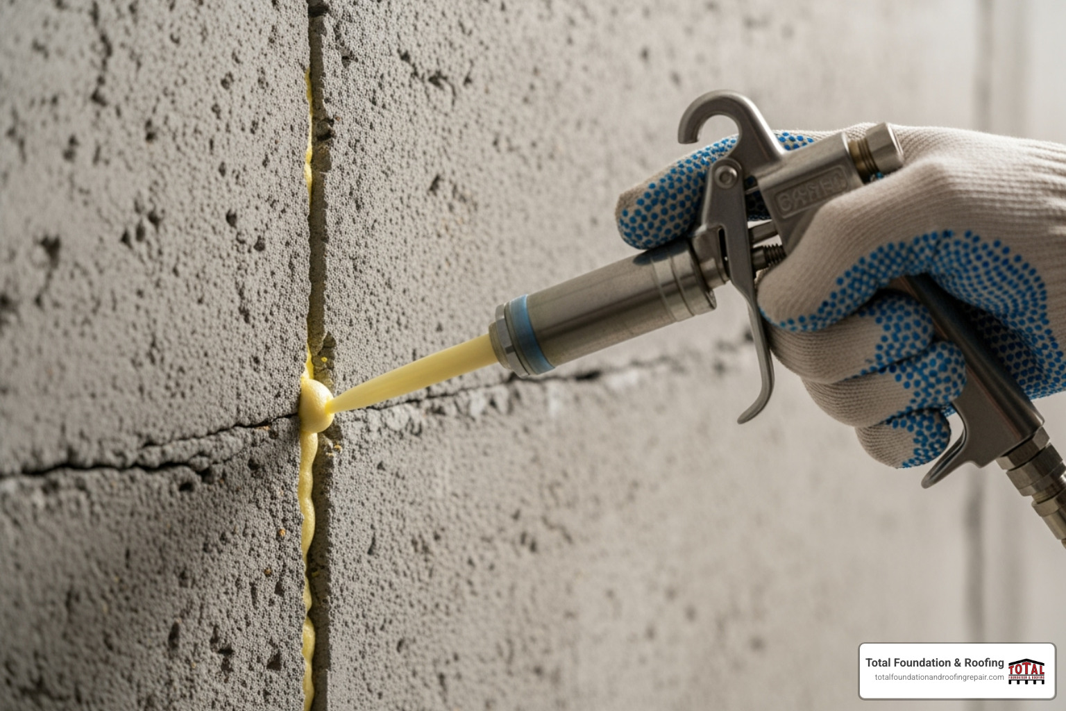 polyurethane injection being applied to a foundation crack - foundation crack repair cost