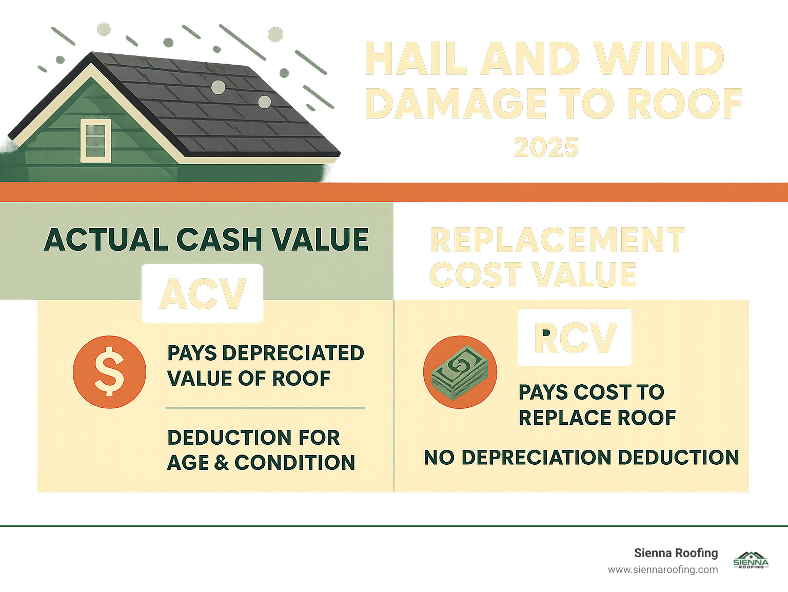infographic comparing Actual Cash Value (ACV) and Replacement Cost Value (RCV) policies - hail and wind damage to roof infographic 