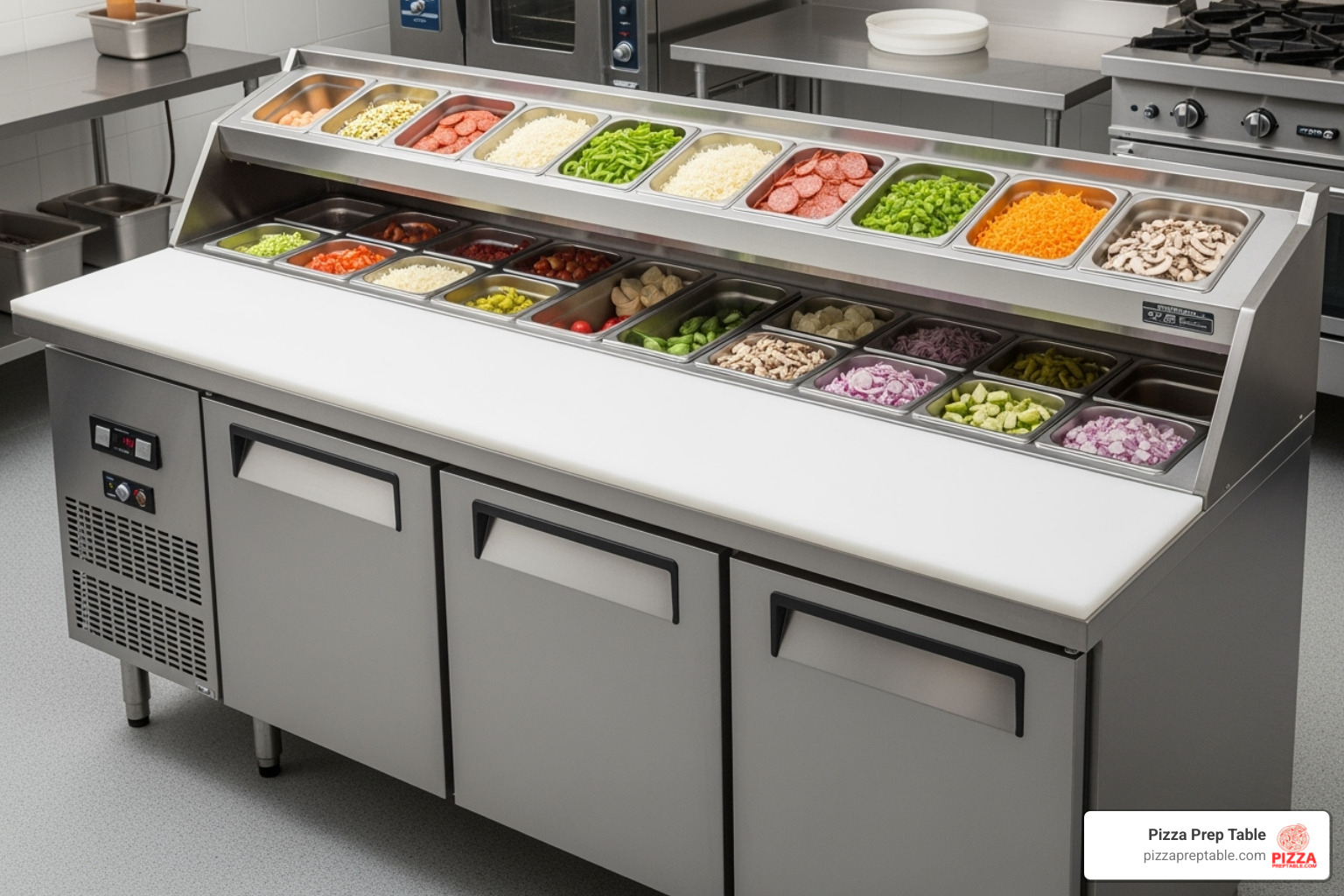 Image of a large, 93-inch pizza prep table with a wide cutting board and multiple ingredient pans - refrigerated prep table