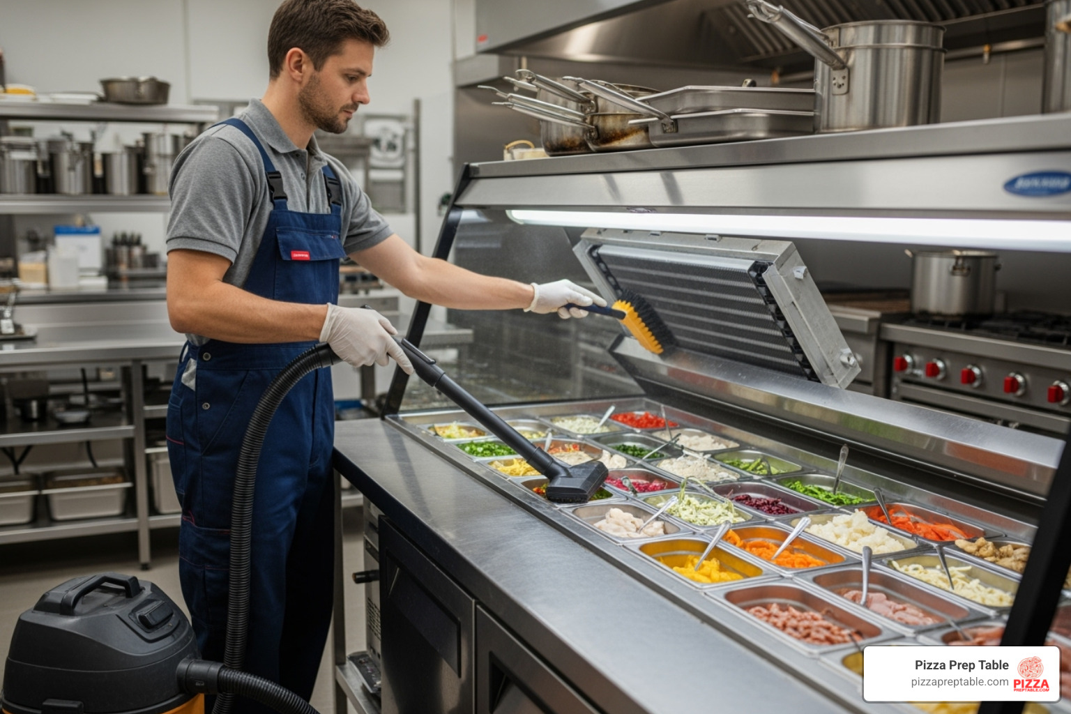 Technician cleaning the condenser coil on a refrigerated prep table - refrigerated prep table
