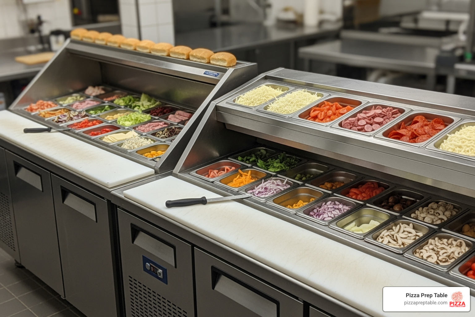 TABLE comparing key features of Sandwich Prep Tables vs. Pizza Prep Tables (Cutting Board Depth, Rail Style, Common Sizes) - refrigerated prep table