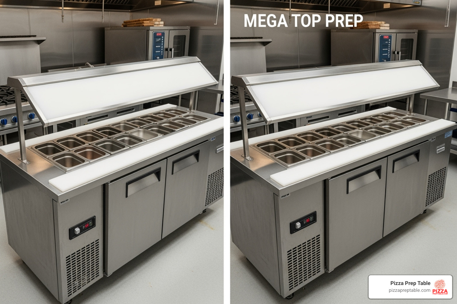 Image of a standard sandwich prep table next to a mega top version to show the difference - refrigerated prep table