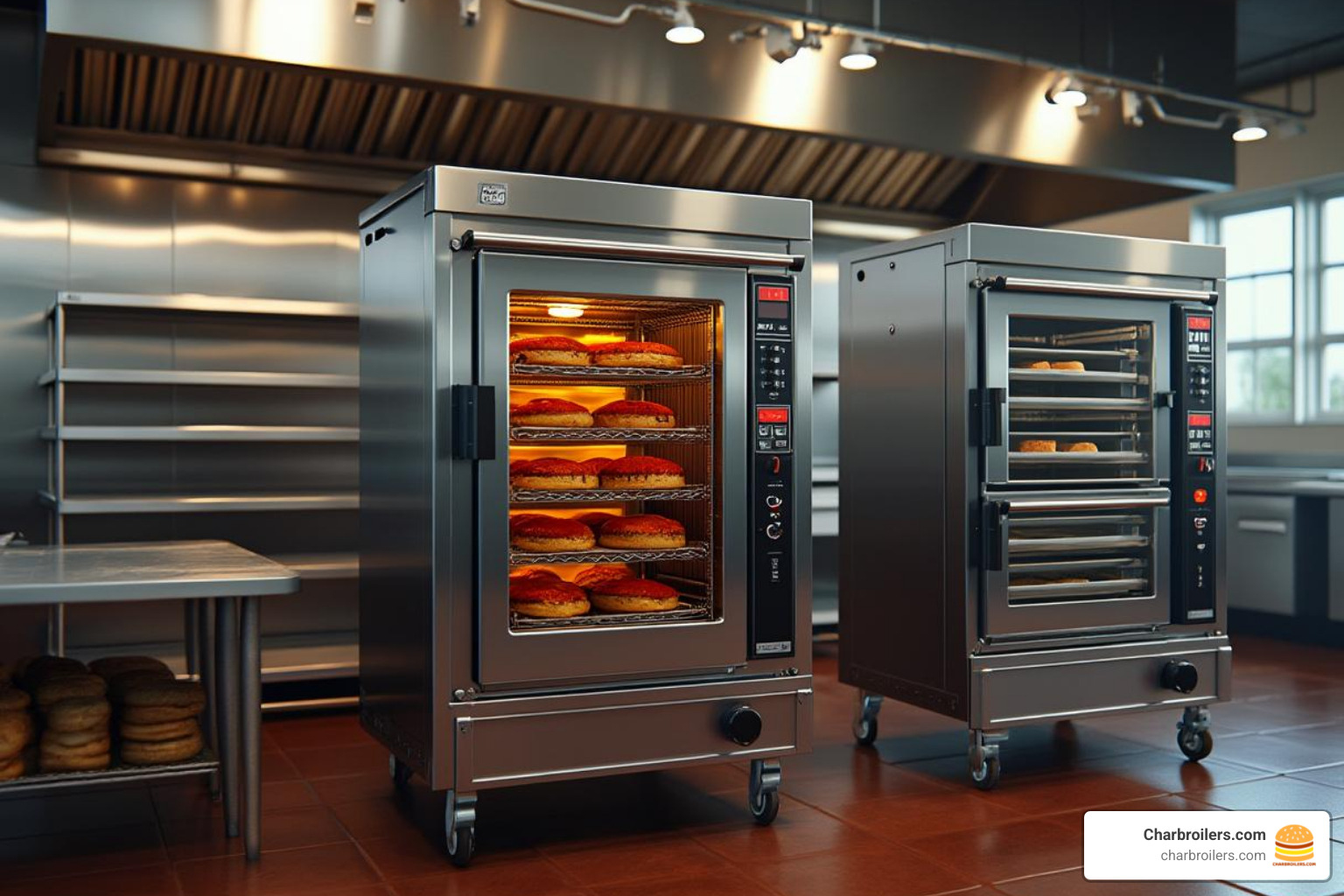 side-by-side comparison of a convection oven, deck oven, and conveyor oven - used electric commercial oven
