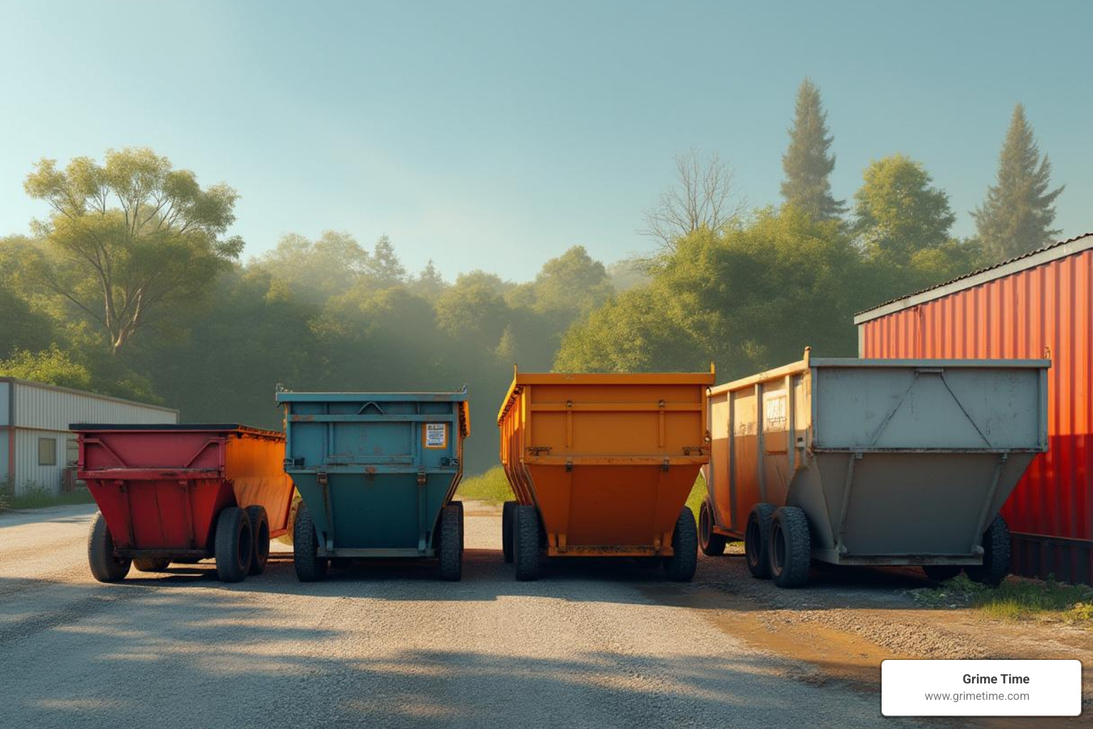 Different sized Grime Time dumpsters (10, 20, 30, 40 yard) lined up for a visual comparison - Dumpster rental deals