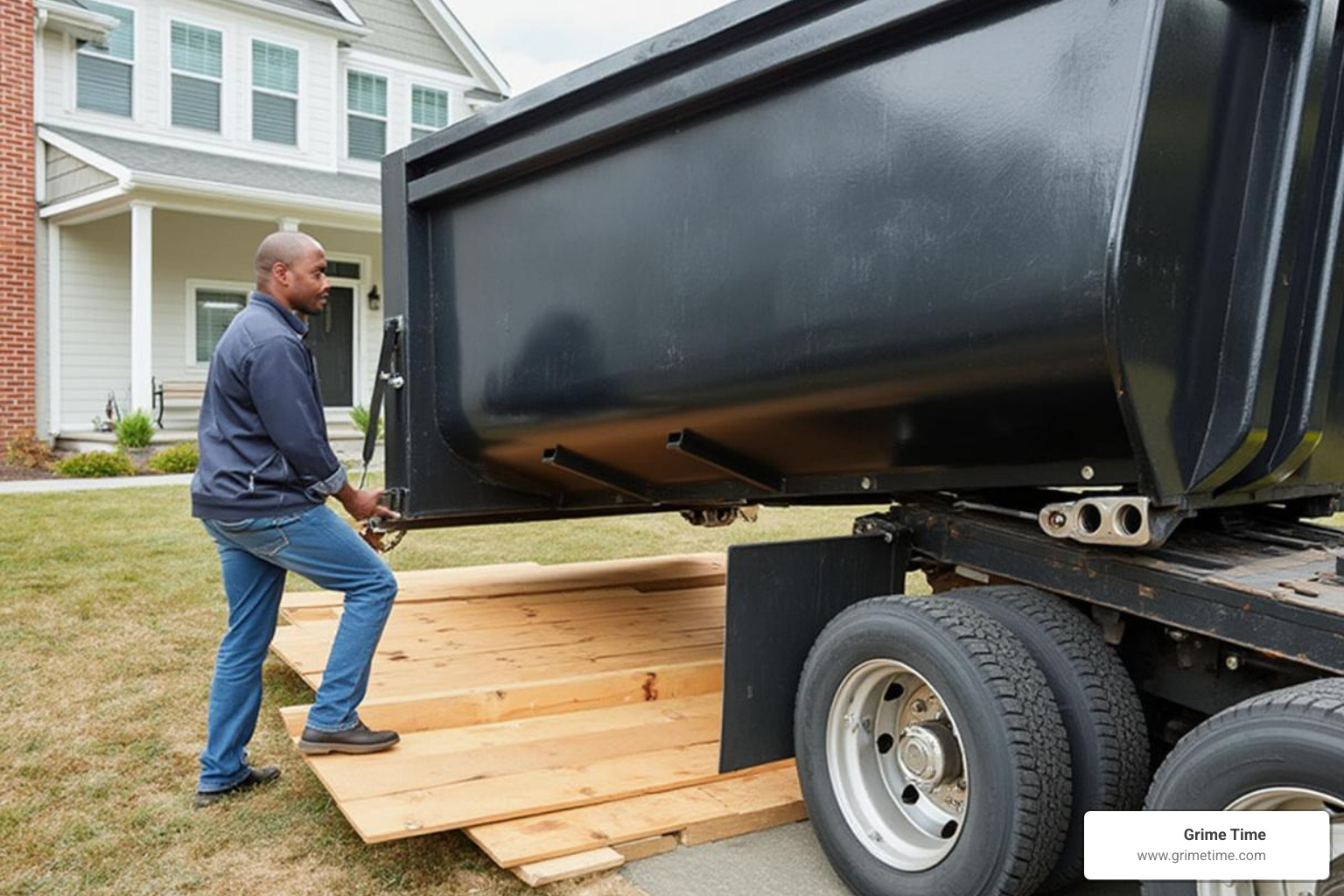 A Grime Time roll-off truck carefully delivering a dumpster onto protective wooden planks on a driveway - Dumpster rental deals