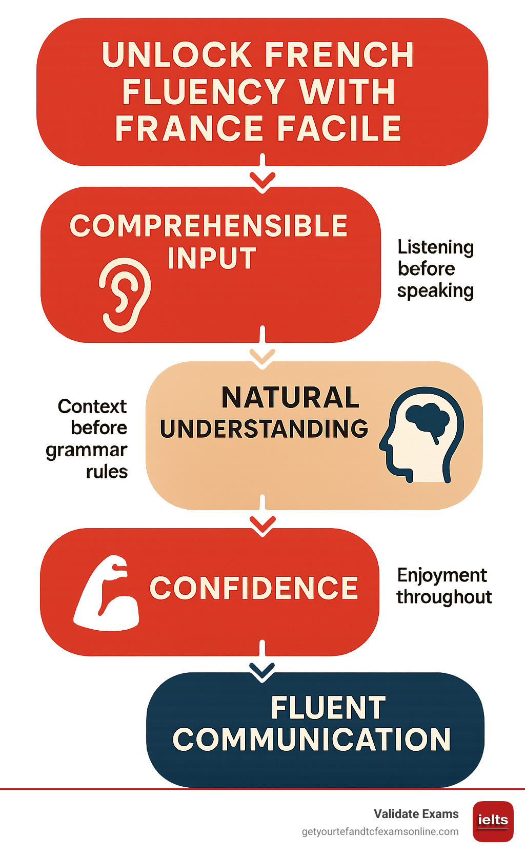 Infographic showing the France Facile learning progression: Comprehensible Input leads to Natural Understanding, which builds Confidence, ultimately resulting in Fluent Communication - with emphasis on listening before speaking, context before grammar rules, and enjoyment throughout the process - Open up French Fluency with France Facile infographic 