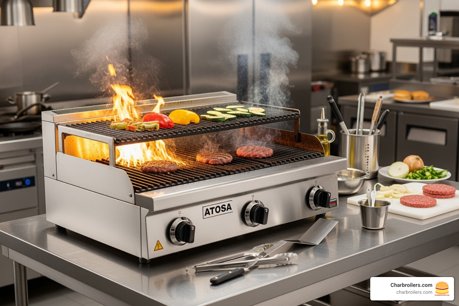Atosa ATCB-36 charbroiler on a stainless steel prep table - atcb 36