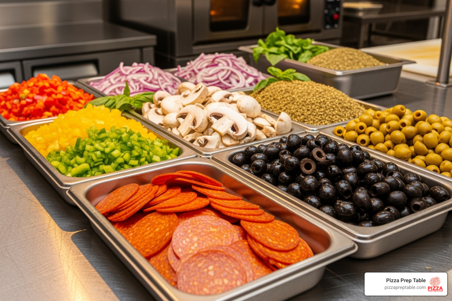 various colorful pizza toppings in stainless steel pans - pizza prep