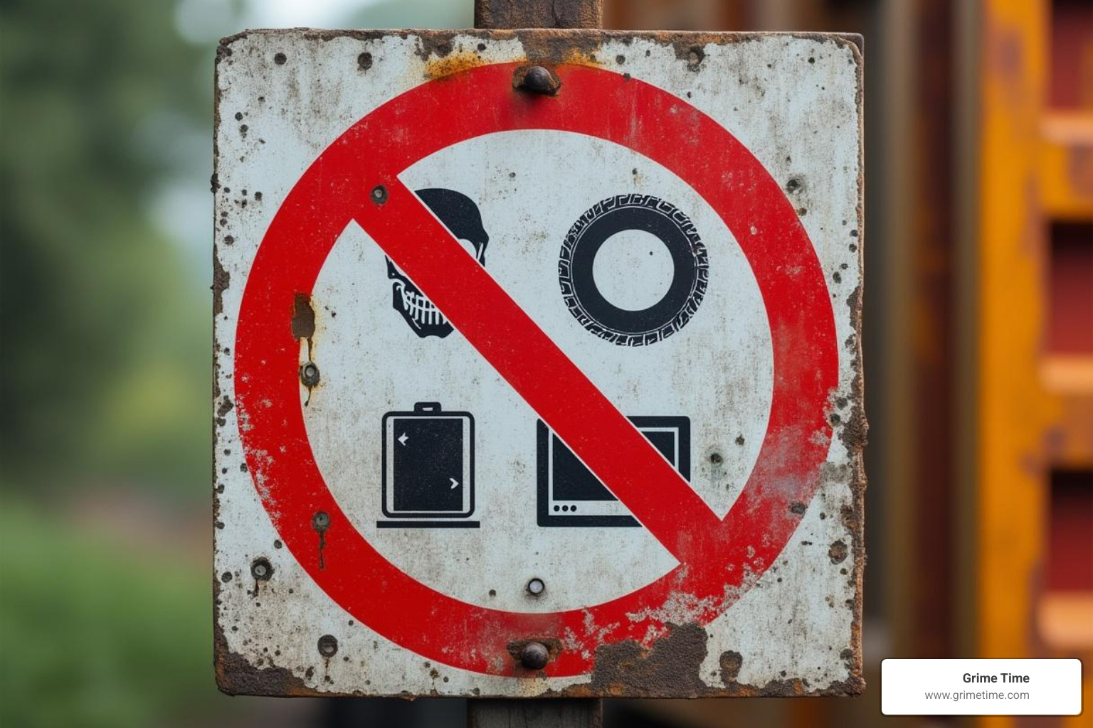 A clear "Do Not Load" sign with symbols for hazardous materials, tires, and electronics - Dumpster rental deals
