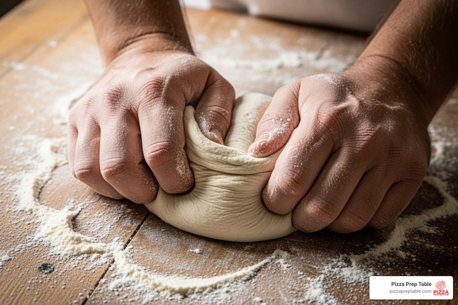 hands kneading pizza dough on a floured surface - pizza prep