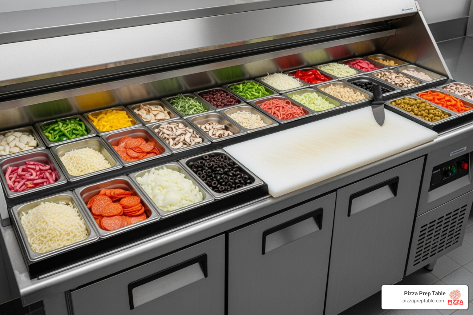 fully stocked commercial pizza prep table - pizza prep
