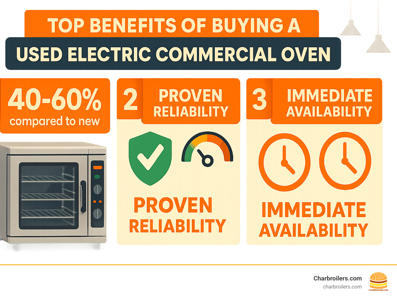 Comprehensive infographic showing the top 3 benefits of buying a used electric commercial oven: 1) Cost savings of 40-60% compared to new equipment with dollar signs and percentage indicators, 2) Proven reliability with checkmarks and performance icons showing tested durability, 3) Immediate availability with clock icons showing no waiting periods, plus visual elements like restaurant kitchen backgrounds and electric oven illustrations - used electric commercial oven infographic 