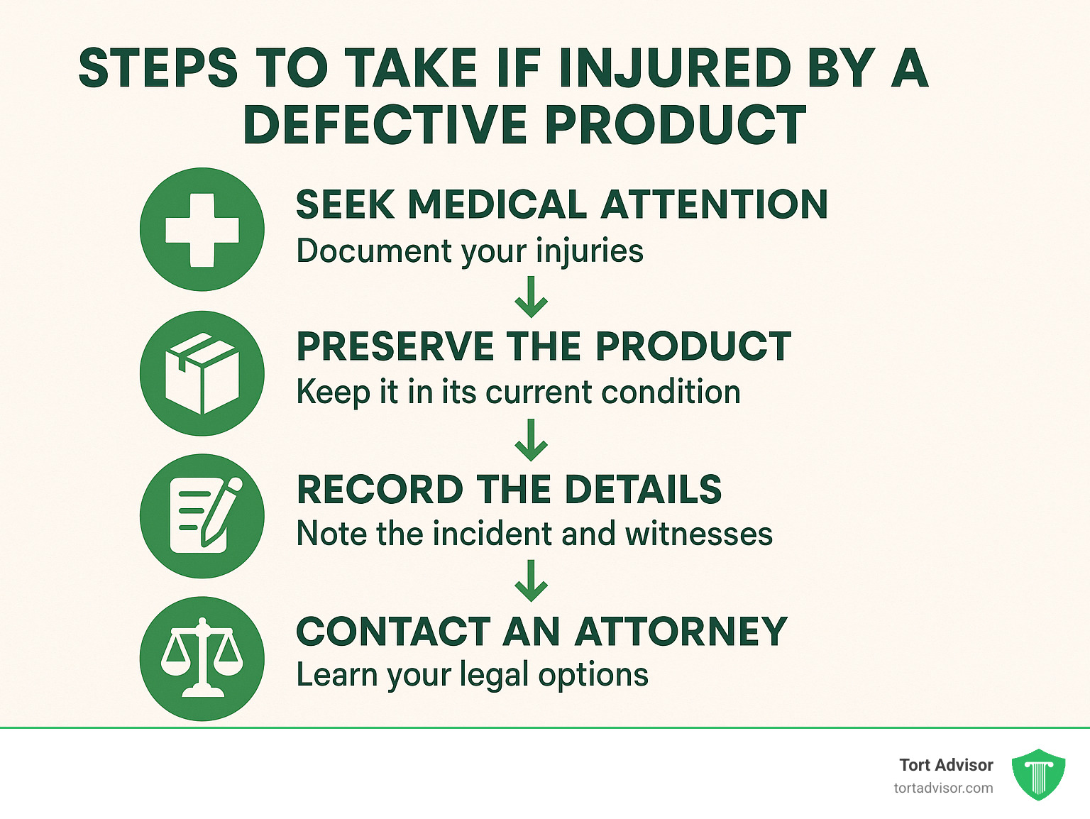 Steps to take if injured by a defective product - attorneys for defective products infographic 