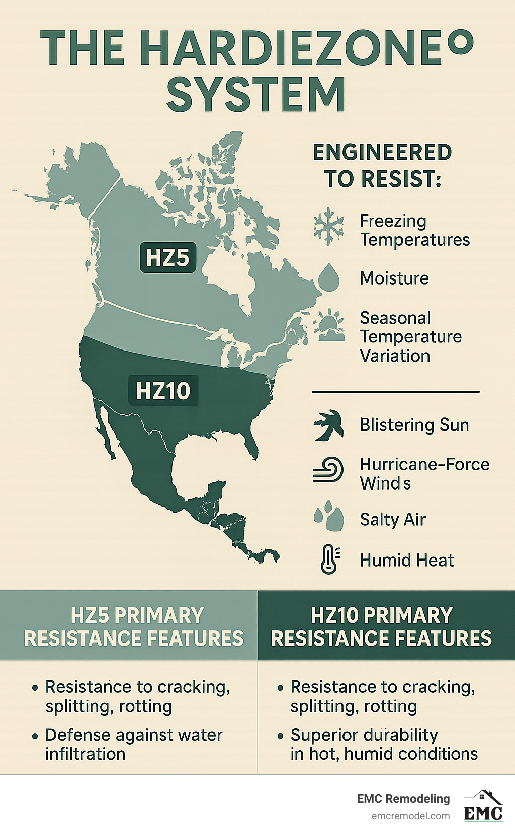 Infographic explaining James Hardie's HardieZone System, showing the HZ5 and HZ10 climate zones across North America, highlighting the types of weather each is engineered to resist and detailing their primary resistance features. - james hardie hz10 infographic 