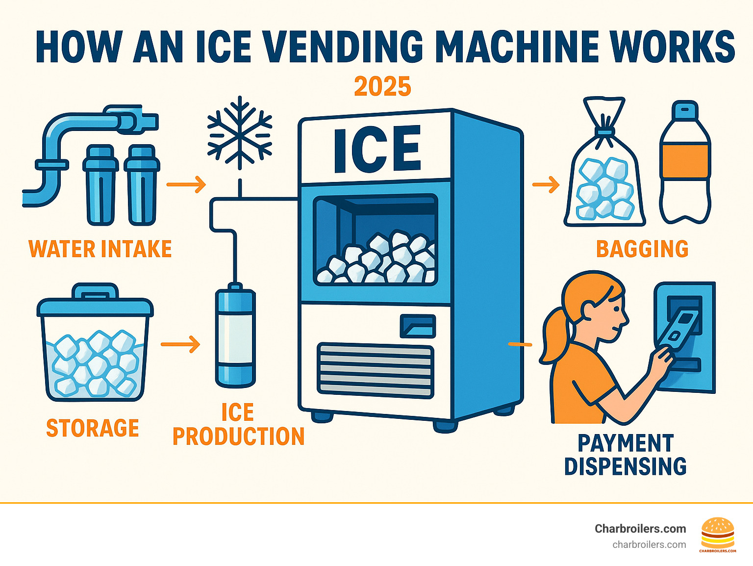 Comprehensive infographic showing ice vending machine operation from water intake through filtration, ice production, storage, bagging, payment processing, and final dispensing to customer - ice vending machines infographic 