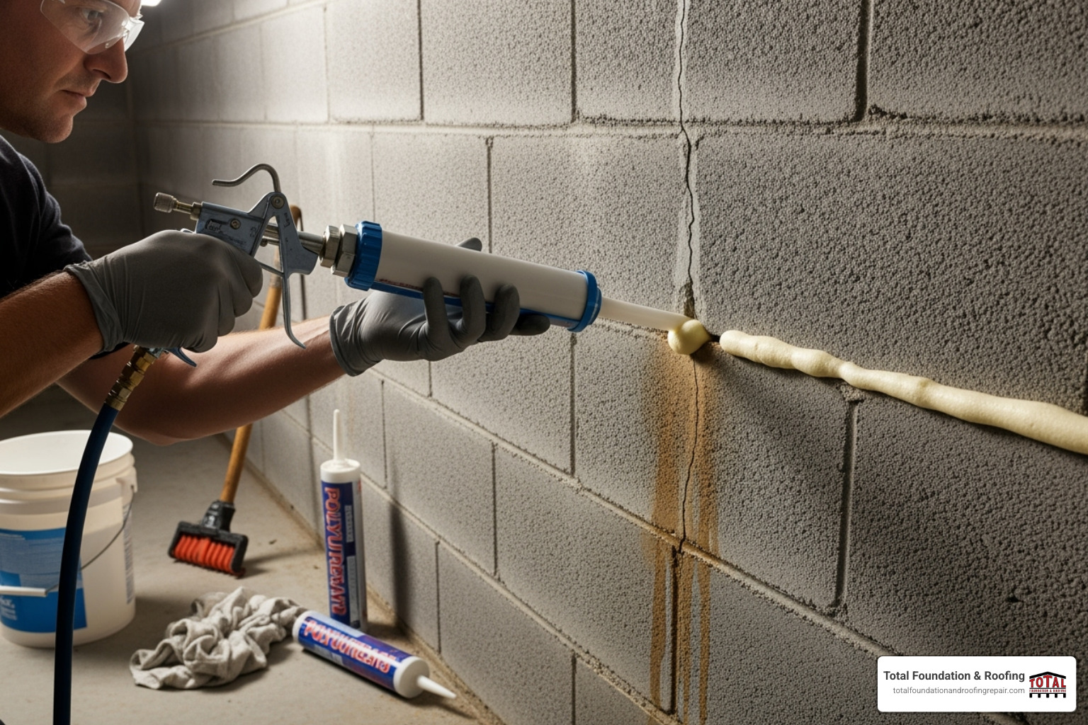 A professional performing a polyurethane crack injection on a basement wall - foundation crack repair costs