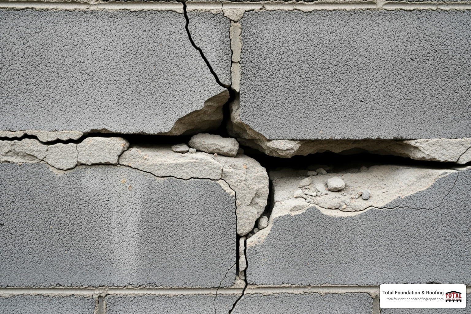 A horizontal crack in a cinder block wall, indicating a serious issue - foundation crack repair costs