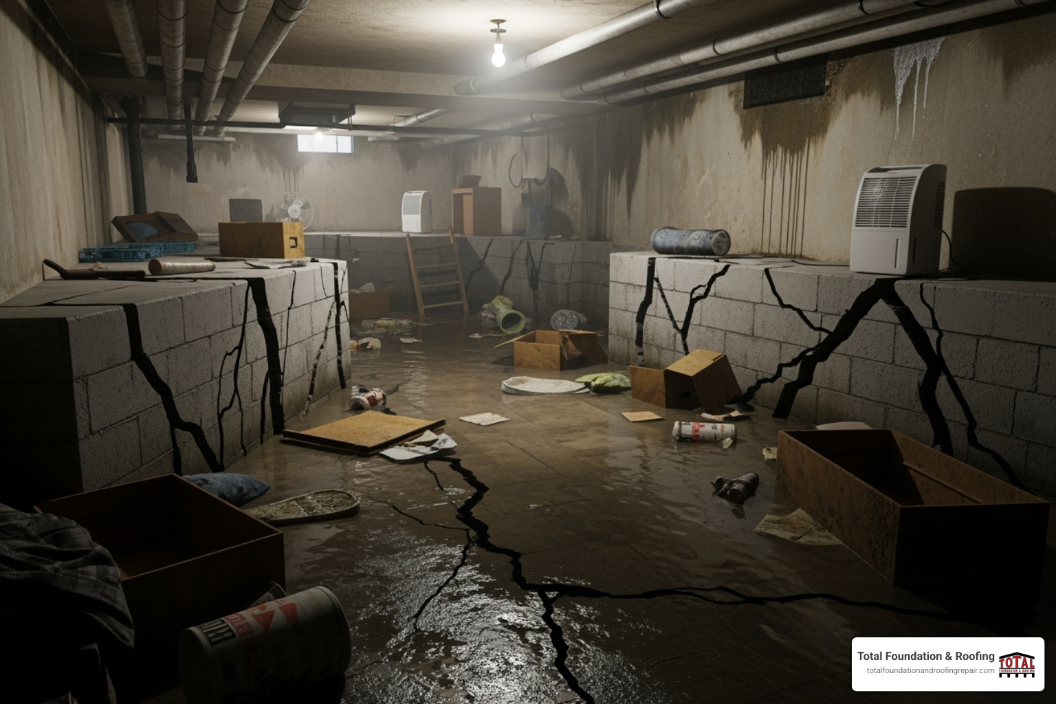 Severe water damage in a basement originating from an unrepaired foundation crack - foundation crack repair costs