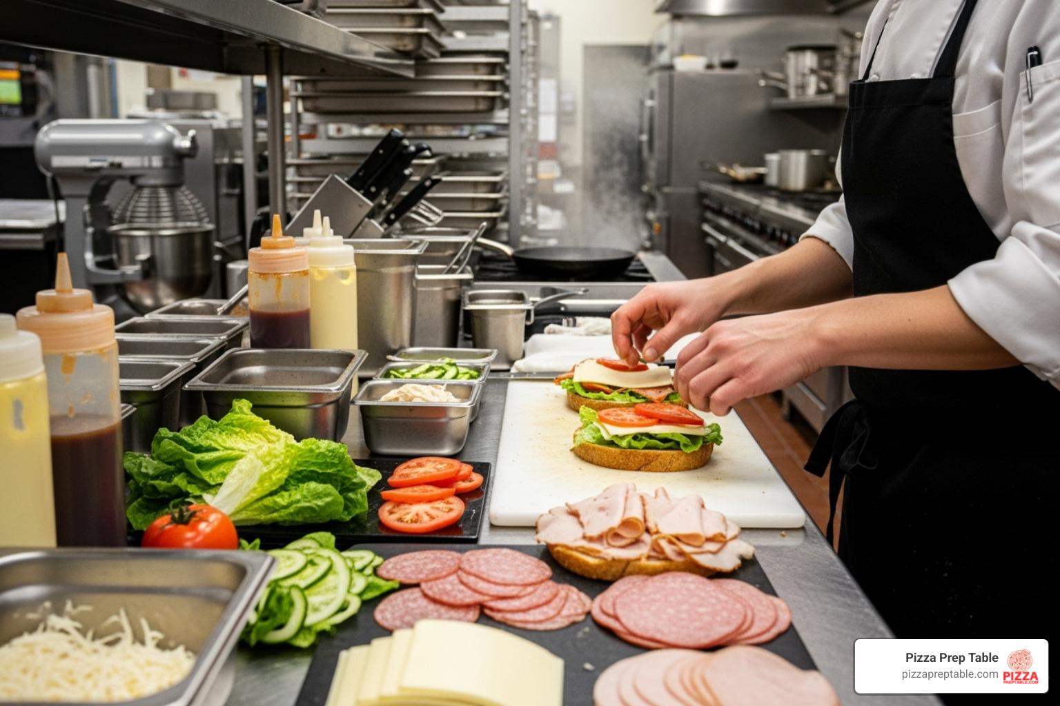 chef quickly assembling a sandwich on a prep table - sandwich prep table refrigerator