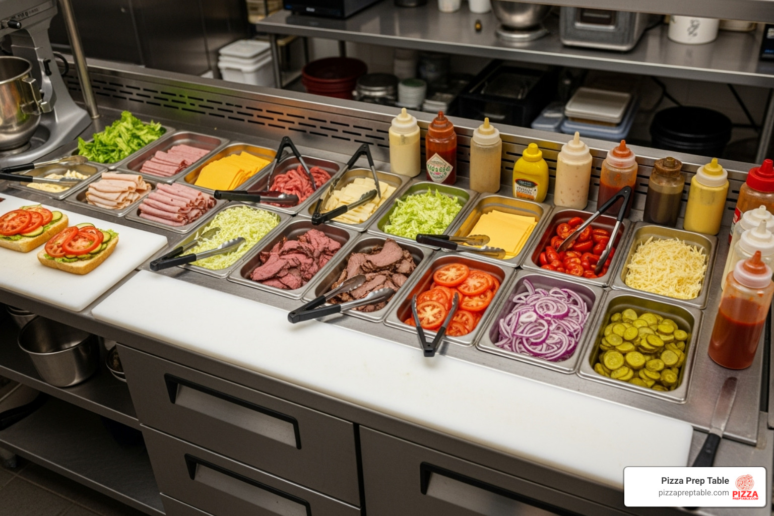 fresh sandwich ingredients neatly arranged in food pans within a prep station - countertop sandwich prep station