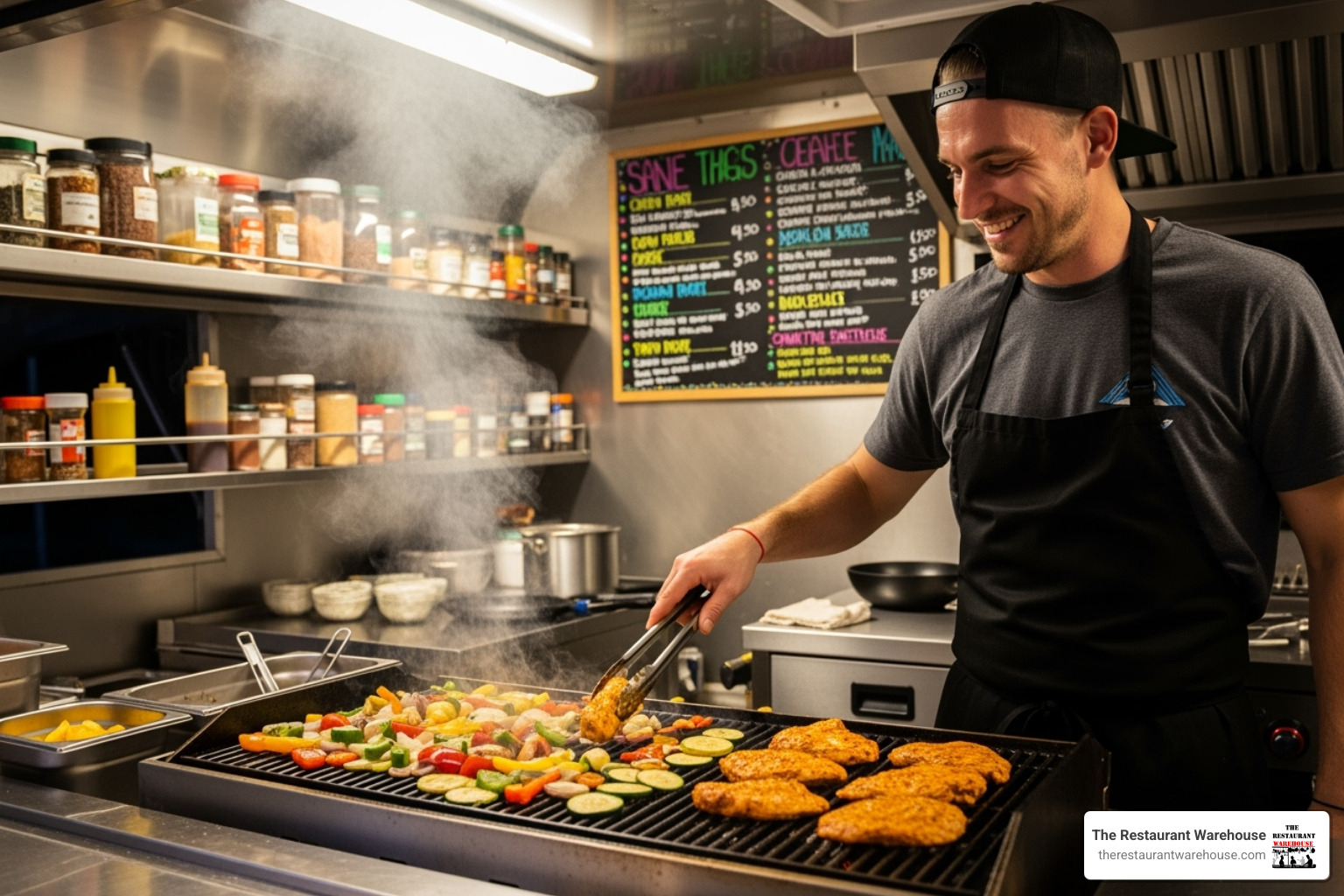food truck operator using a compact tabletop grill - commercial table top grill