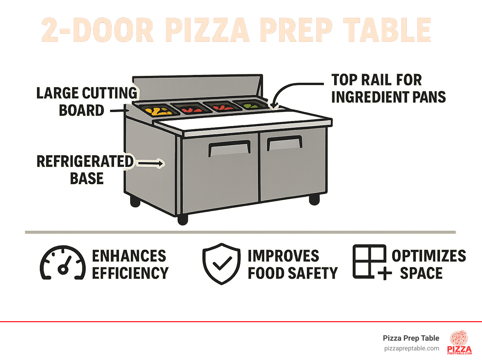 Infographic showing the core components and benefits of a 2-door pizza prep table, including a refrigerated base, a large cutting board, a top rail for ingredient pans, and highlighting benefits like improved efficiency, improved food safety, and optimized space utilization for commercial kitchens. - 2 door pizza prep table infographic Infographic showing the core components and benefits of a 2-door pizza prep table, including a refrigerated base, a large cutting board, a top rail for ingredient pans, and highlighting benefits like improved efficiency, improved food safety, and optimized space utilization for commercial kitchens. - 2 door pizza prep table infographic