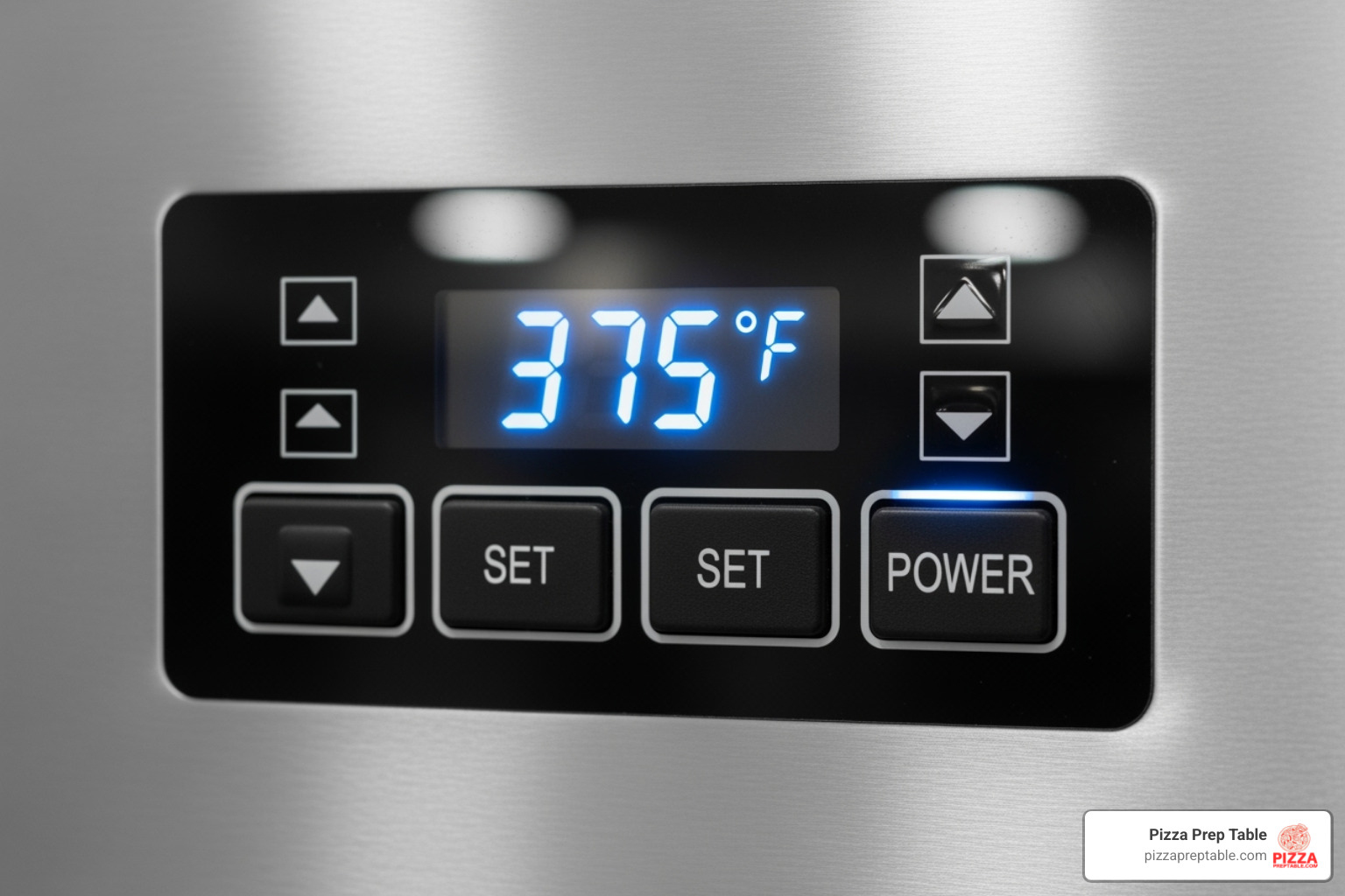 close-up on a digital temperature controller and stainless steel finish - 2 door pizza prep table close-up on a digital temperature controller and stainless steel finish - 2 door pizza prep table