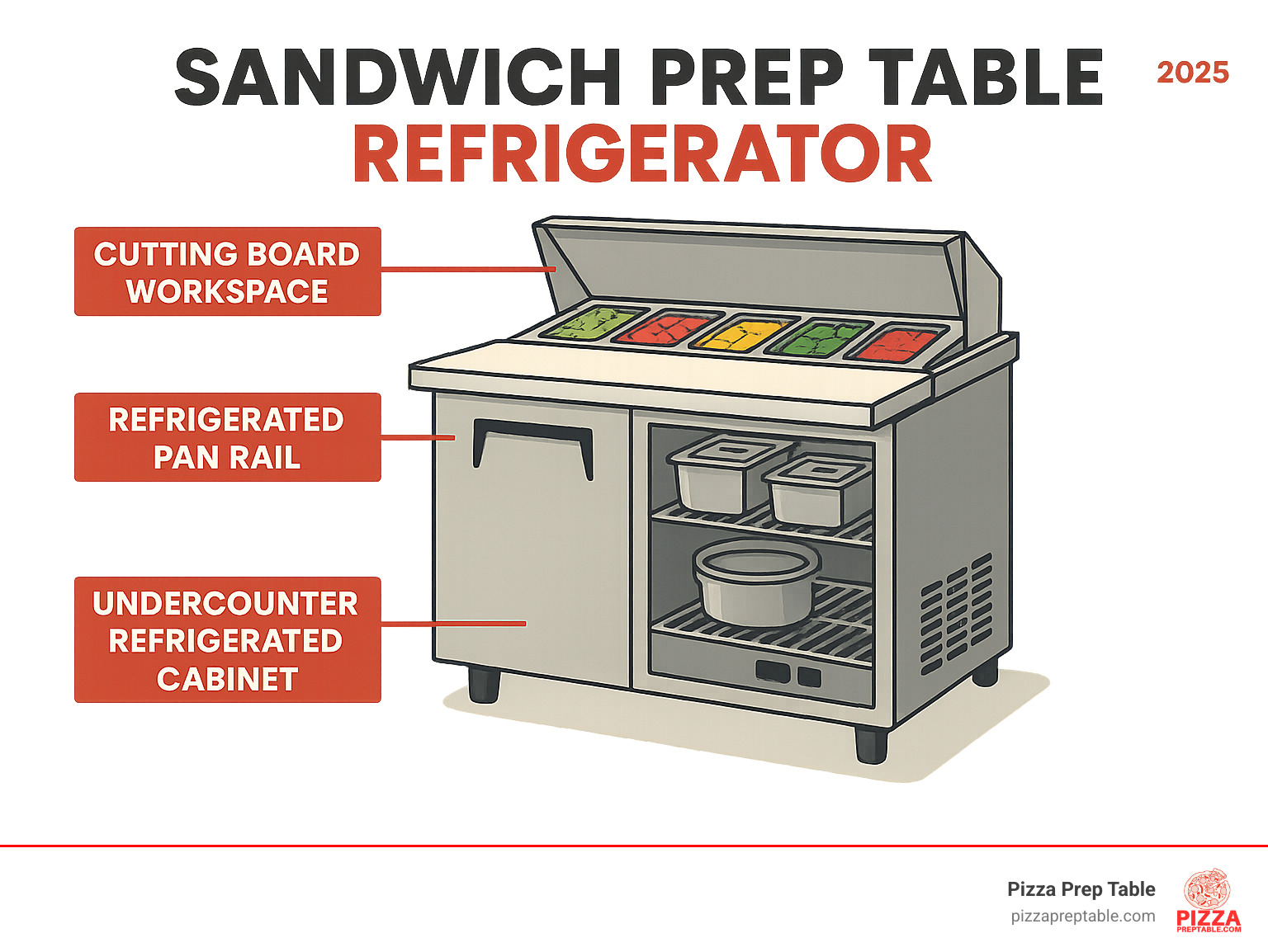 Detailed breakdown of sandwich prep table refrigerator components showing cutting board workspace on top, refrigerated pan rail with food pans for ingredient storage, and undercounter refrigerated cabinet for backup supplies - sandwich prep table refrigerator infographic 