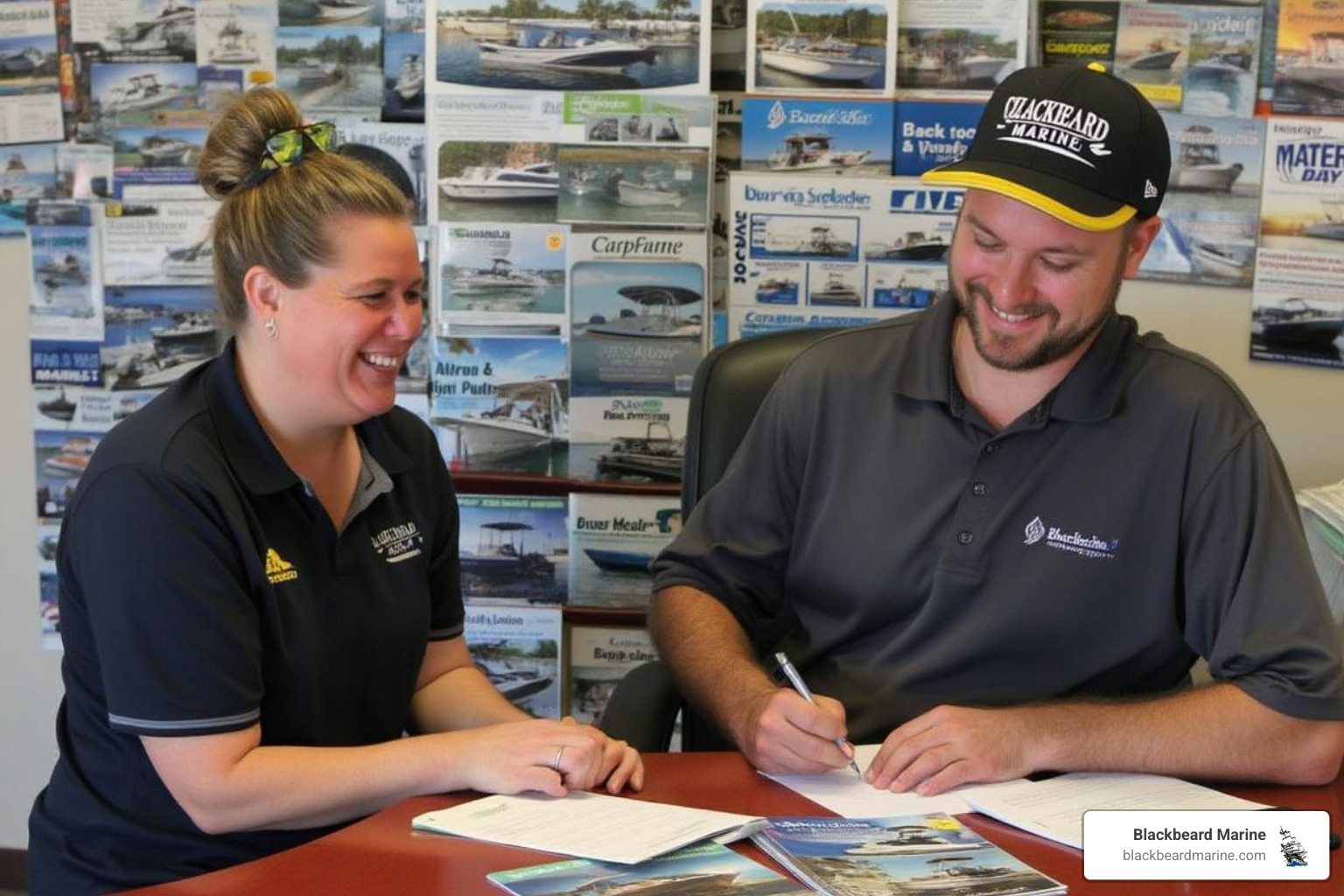 A friendly finance manager at a Blackbeard Marine location helping a customer with financing paperwork, surrounded by boat brochures - surf boat financing