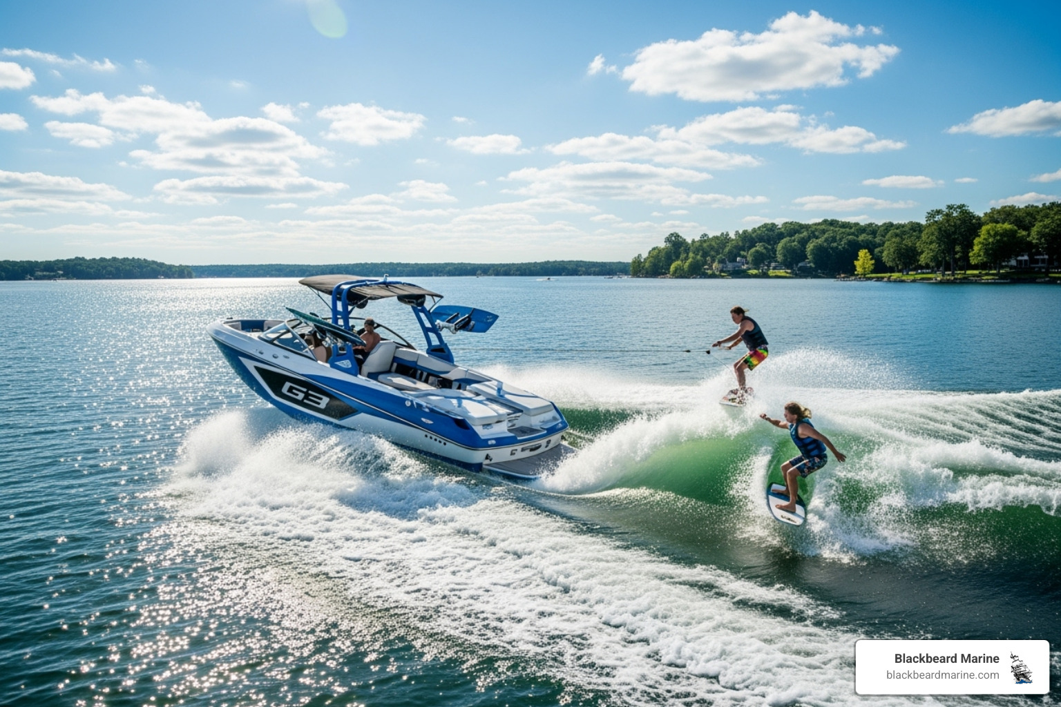 A G3 surf boat creating a large wake on a sunny lake, with people enjoying the water sports - surf boat financing