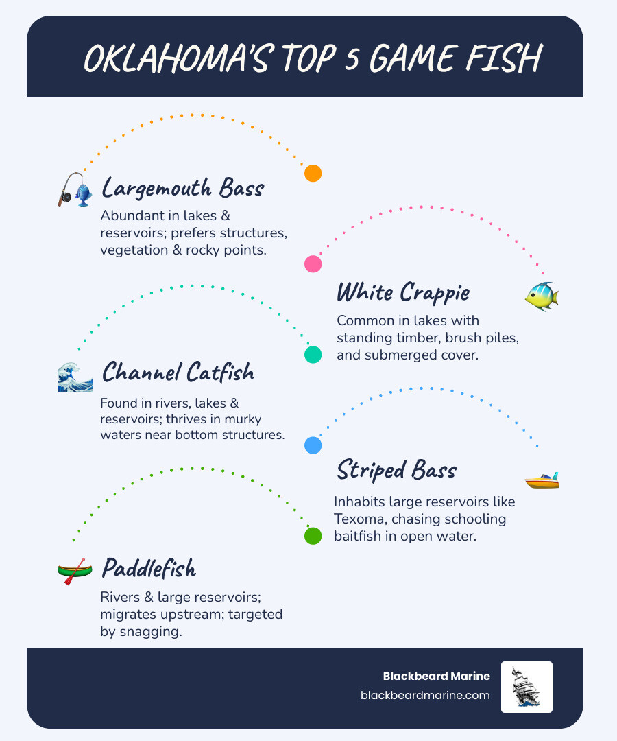 Infographic detailing Oklahoma's top 5 game fish and their typical habitats - fishing boats Oklahoma infographic infographic-line-5-steps-blues-accent_colors