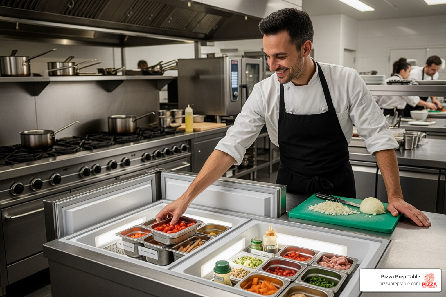 A chef easily accessing ingredients from a door-style undercounter freezer, demonstrating improved workflow and convenience in a professional kitchen setting. - undercounter freezer