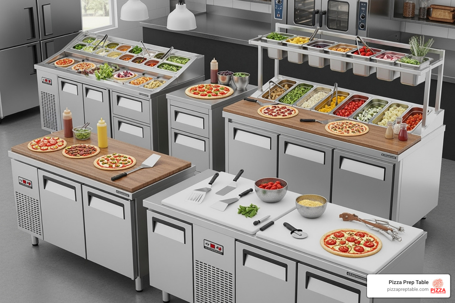 lineup of different countertop pizza prep stations - countertop pizza prep station