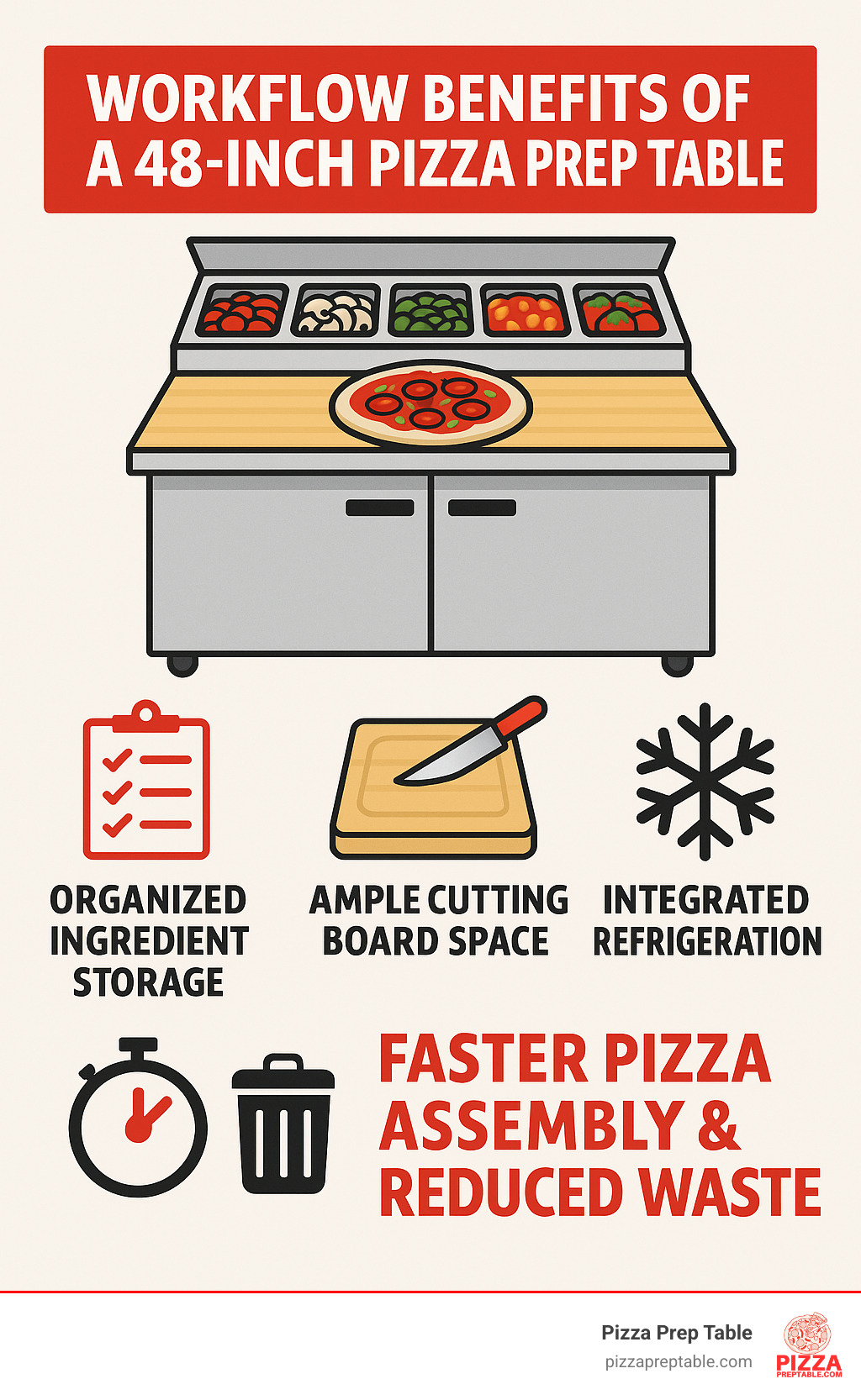 Infographic detailing the workflow benefits of a 48-inch pizza prep table, showing organized ingredient storage, ample cutting board space, and integrated refrigeration leading to faster pizza assembly and reduced waste. - pizza prep table 48 infographic 