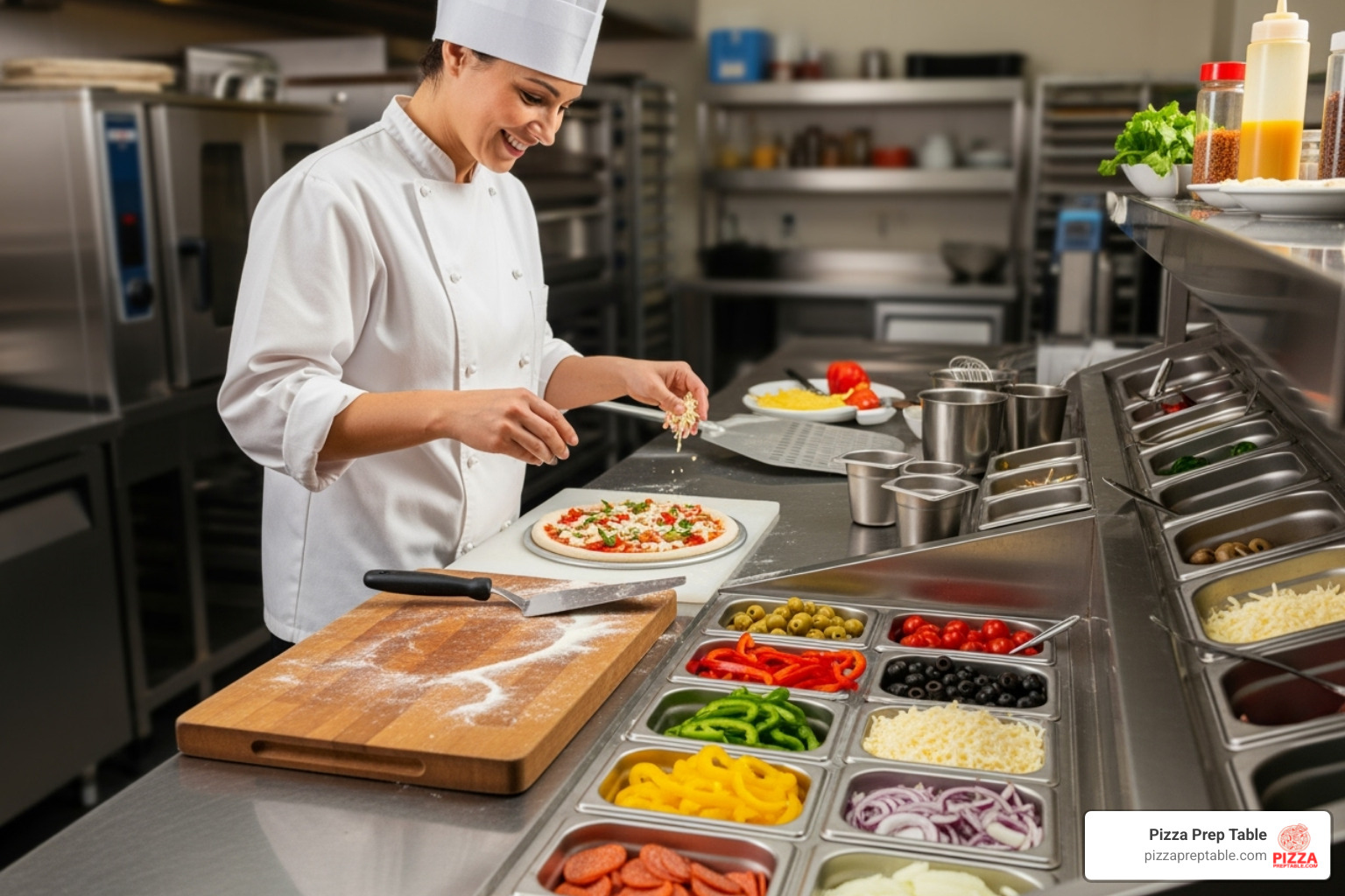 happy chef using a countertop pizza prep station - countertop pizza prep station