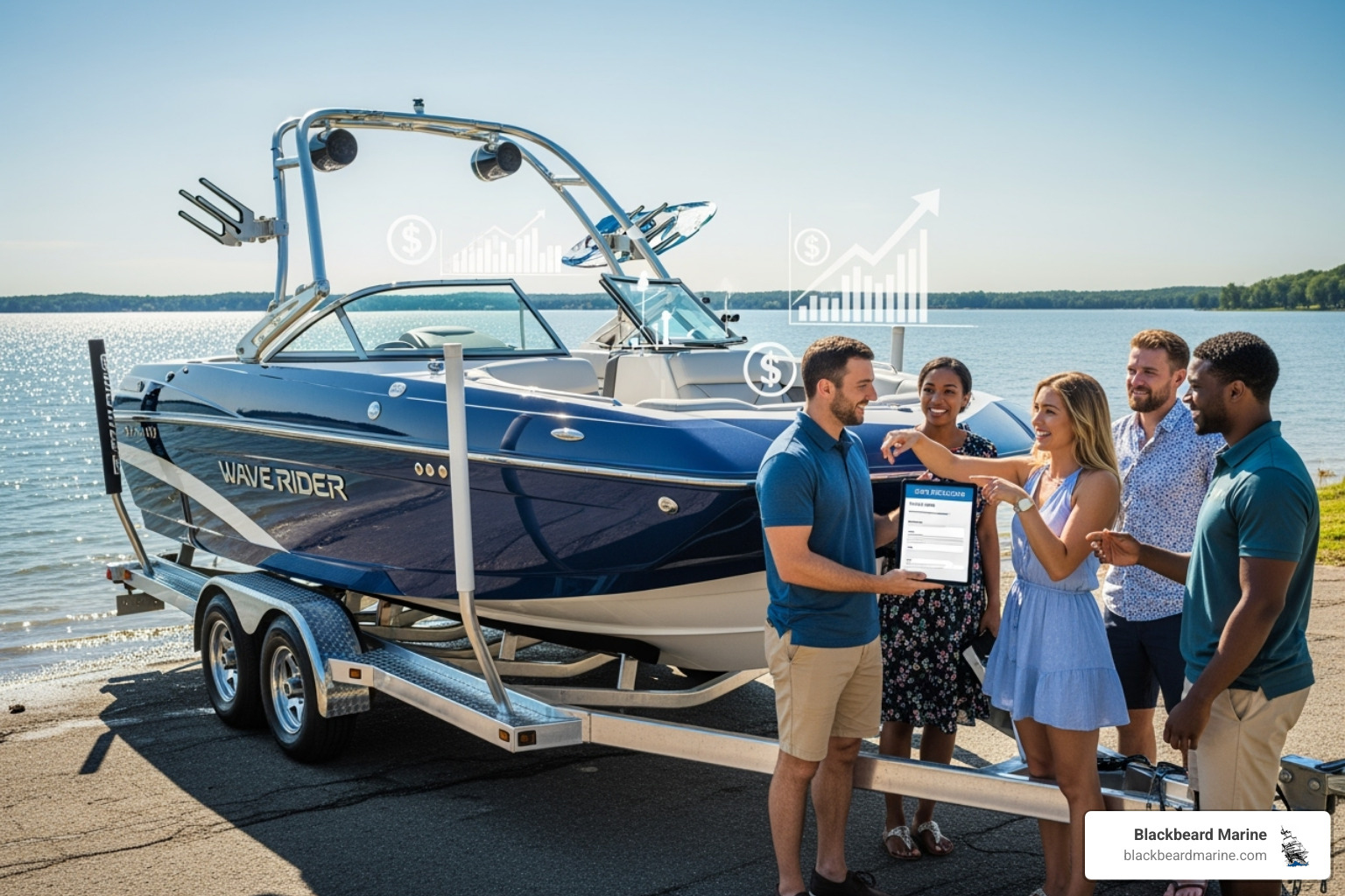 A friendly finance manager at a Blackbeard Marine location helping a customer with financing paperwork, showing a diagram of loan options on a tablet. - surf boat financing