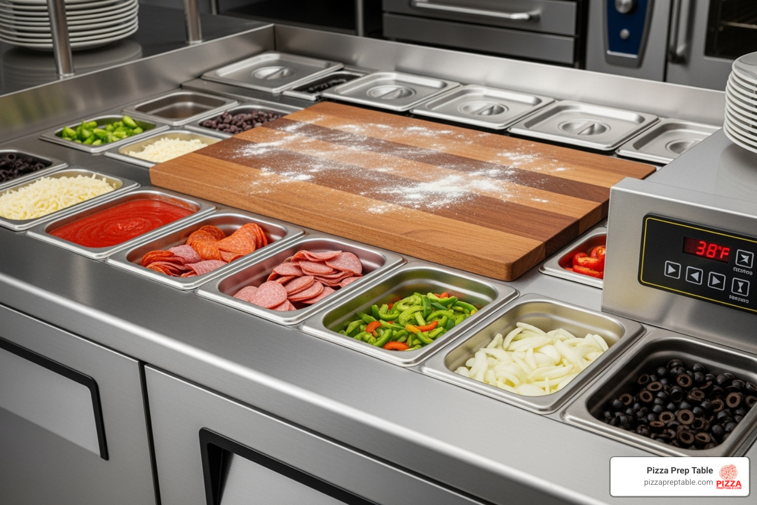 close-up on features of a countertop unit - countertop pizza prep station