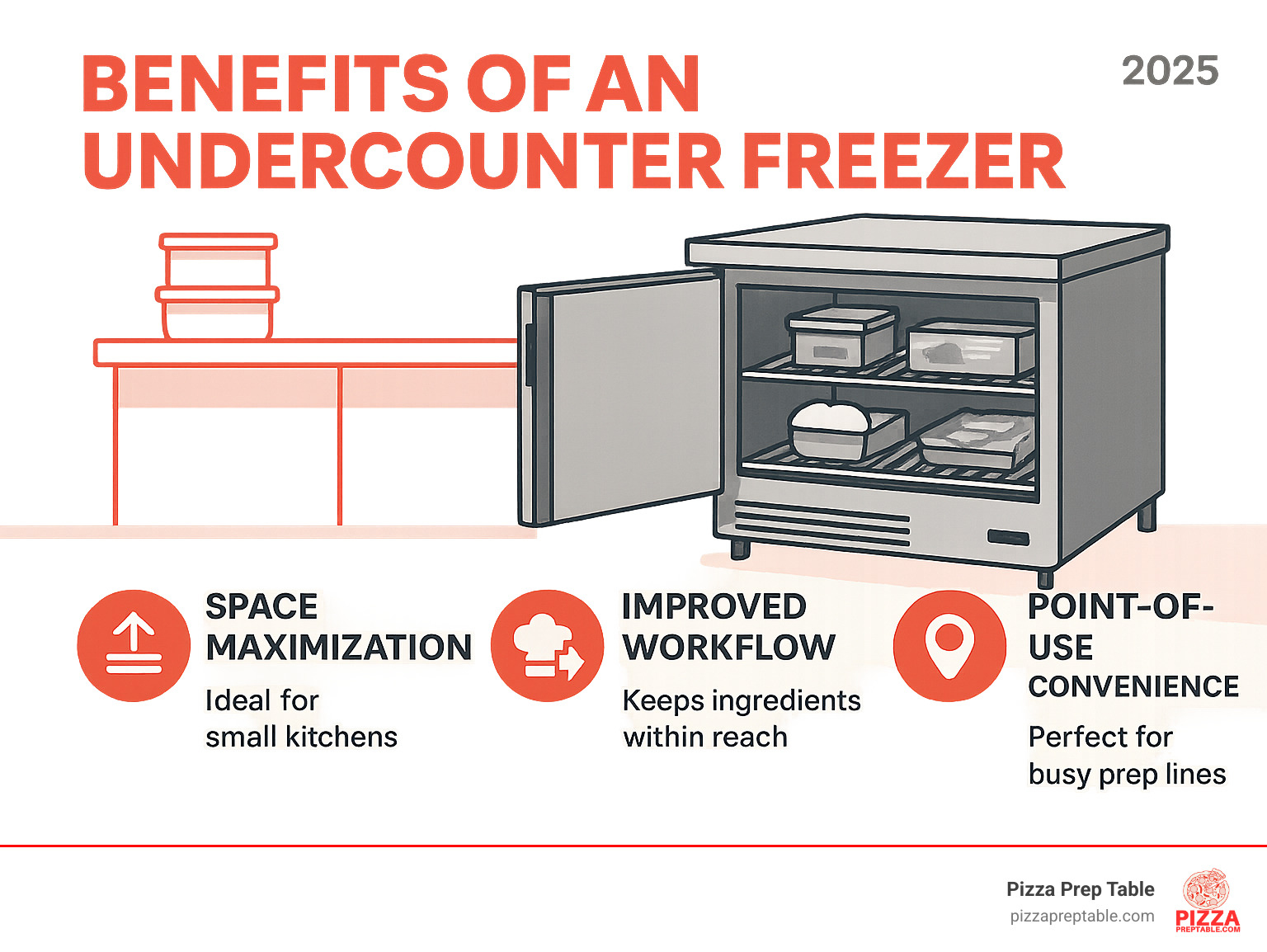 Infographic explaining the core benefits of an undercounter freezer: maximizing space, improving workflow, and point-of-use convenience, ideal for small kitchens and busy prep lines - undercounter freezer infographic 