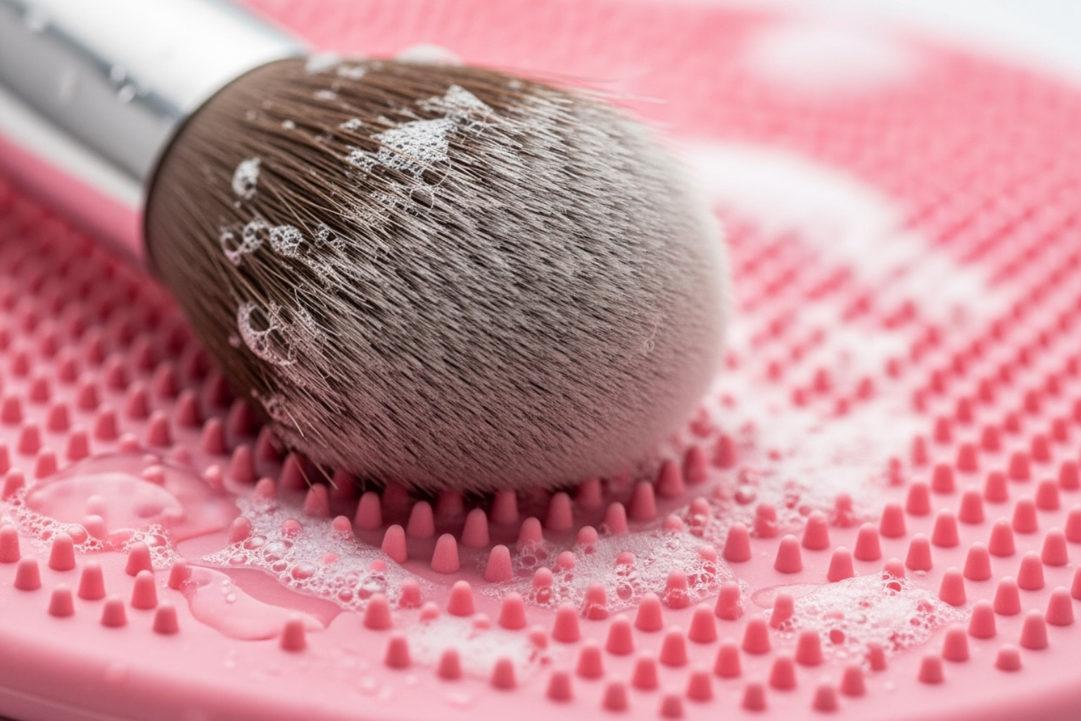makeup brush being swirled on a silicone mat - clean makeup brushes