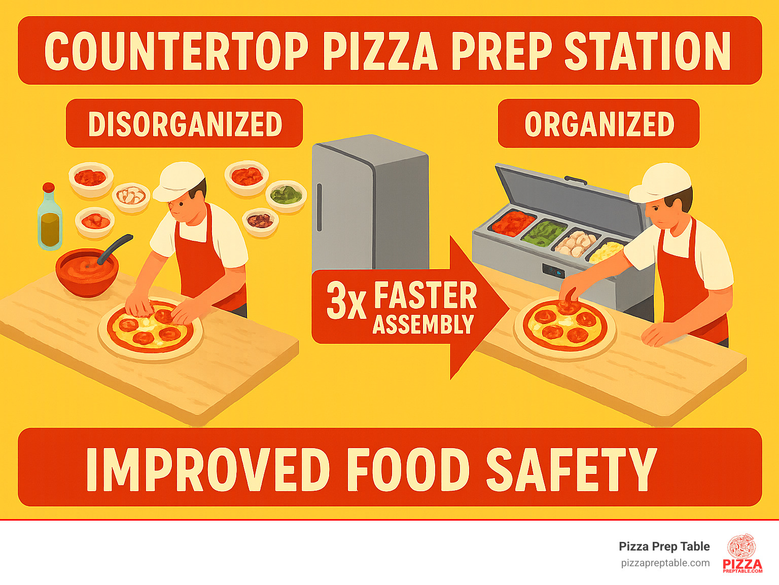 Infographic showing pizza prep workflow change from disorganized counter with scattered ingredients and multiple trips to refrigerator, versus organized countertop pizza prep station with all toppings in refrigerated rail at arm's reach, demonstrating 3x faster assembly time and improved food safety - countertop pizza prep station infographic 