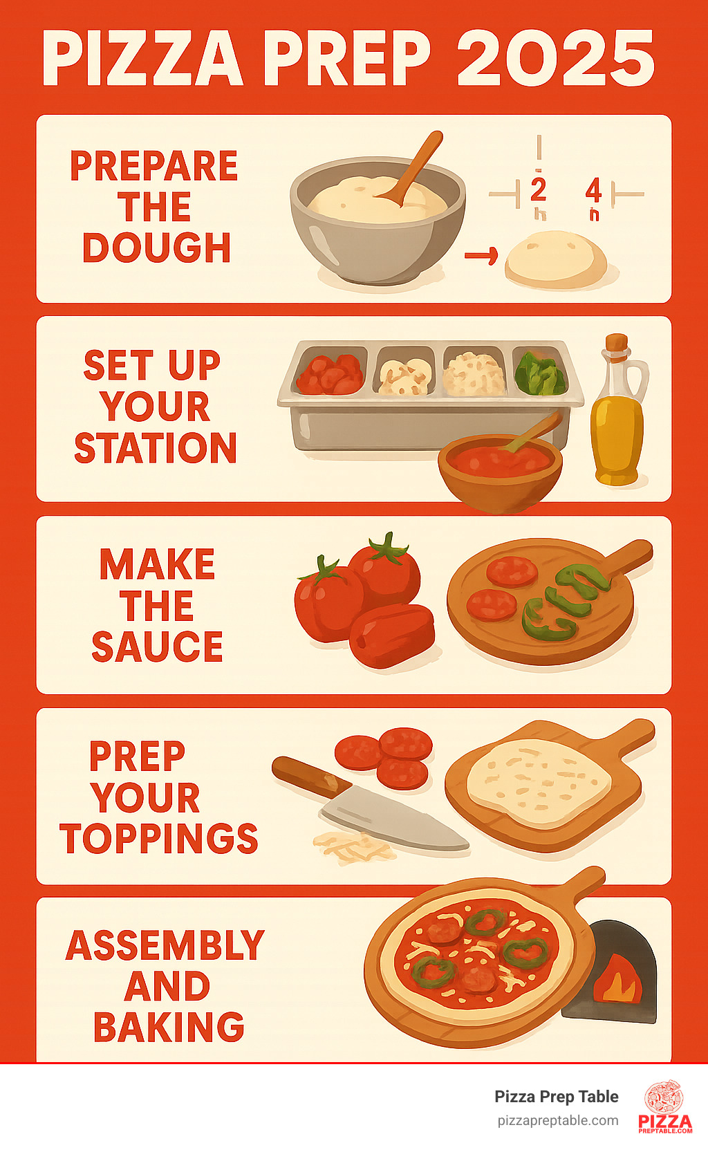 Comprehensive infographic showing the 5 essential stages of professional pizza preparation: dough preparation with mixing and fermentation timeline, mise en place station setup with ingredient organization, sauce preparation using San Marzano tomatoes, topping preparation including proper slicing techniques and moisture removal, and final assembly process from dough stretching to oven transfer - pizza prep infographic 