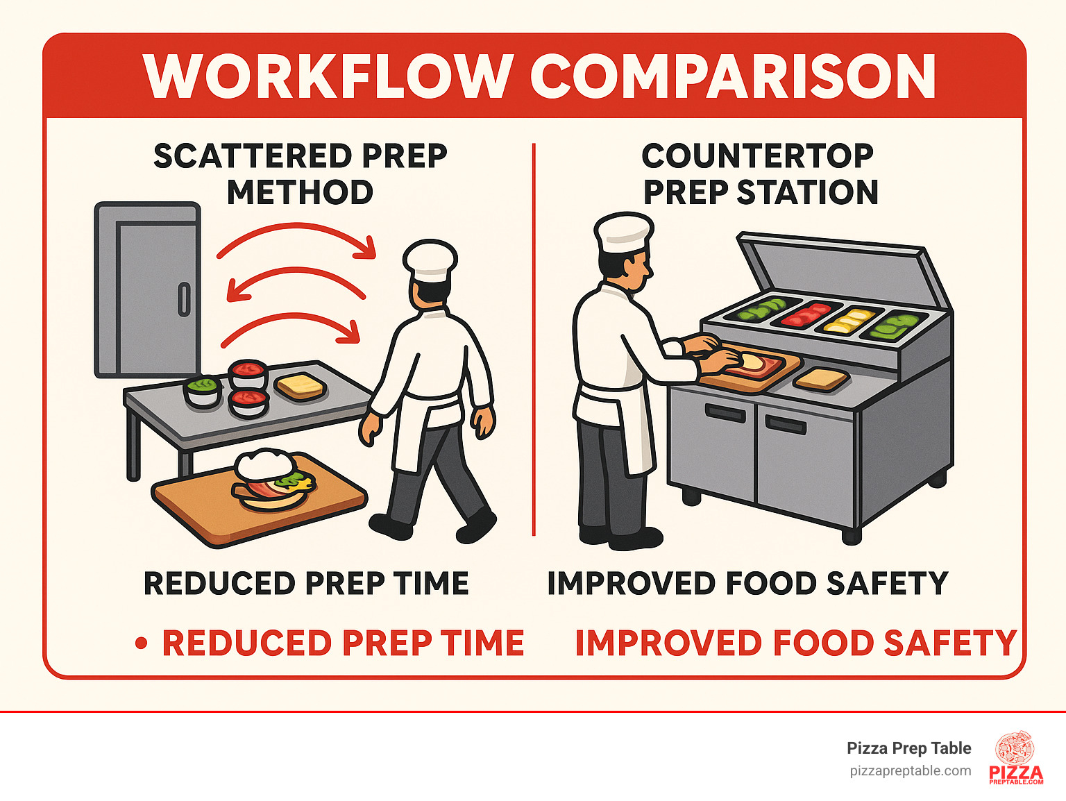 Infographic showing workflow comparison: traditional scattered prep method with multiple trips to walk-in cooler versus streamlined countertop prep station with all ingredients organized in one refrigerated workspace, highlighting reduced prep time and improved food safety - countertop sandwich prep station infographic 