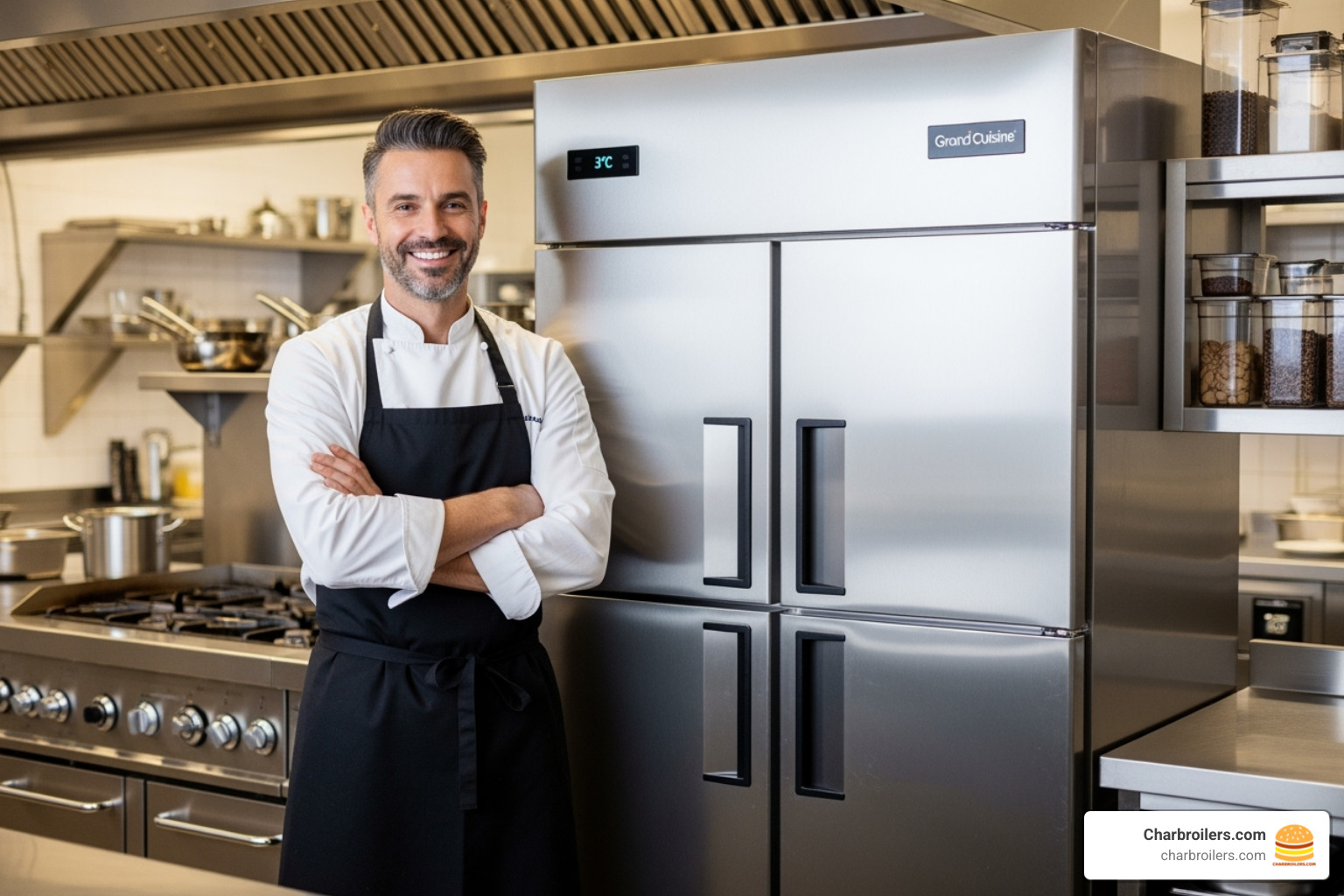Satisfied chef standing next to their new 2-door commercial cooler - 2 door cooler commercial