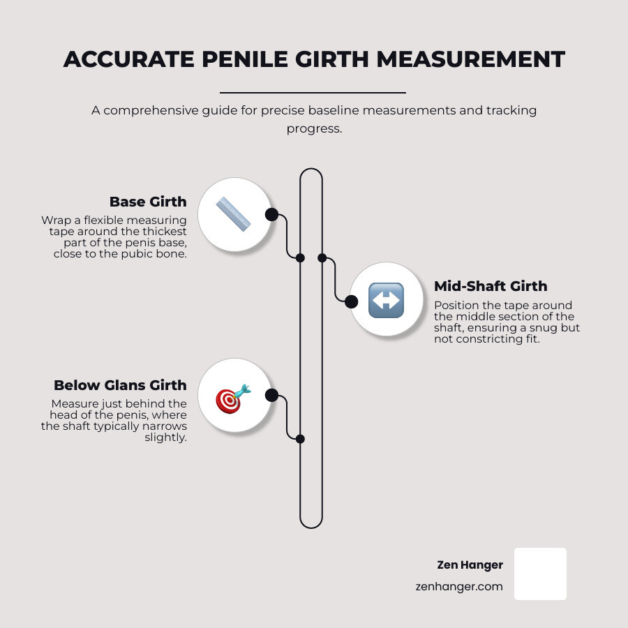 Comprehensive guide showing proper measurement techniques for penile girth at base, mid-shaft, and glans, including step-by-step instructions for accurate baseline measurements and progress tracking - exercises to increase girth at the base of your penis infographic infographic-line-3-steps-neat_beige