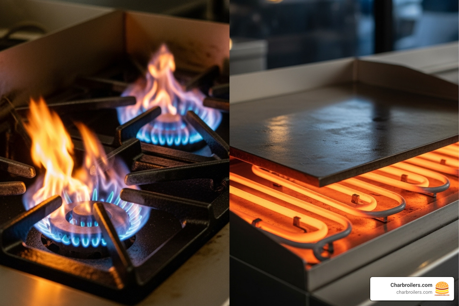 side-by-side comparison of a gas griddle's flame and an electric griddle's heating element - 24 inch commercial griddle